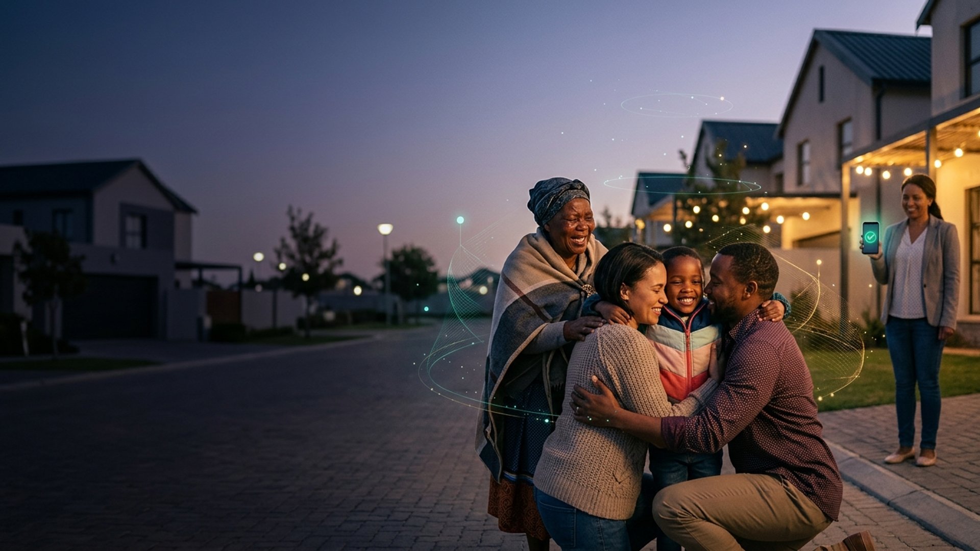 A loving family embracing their elder safely reunited in the evening street