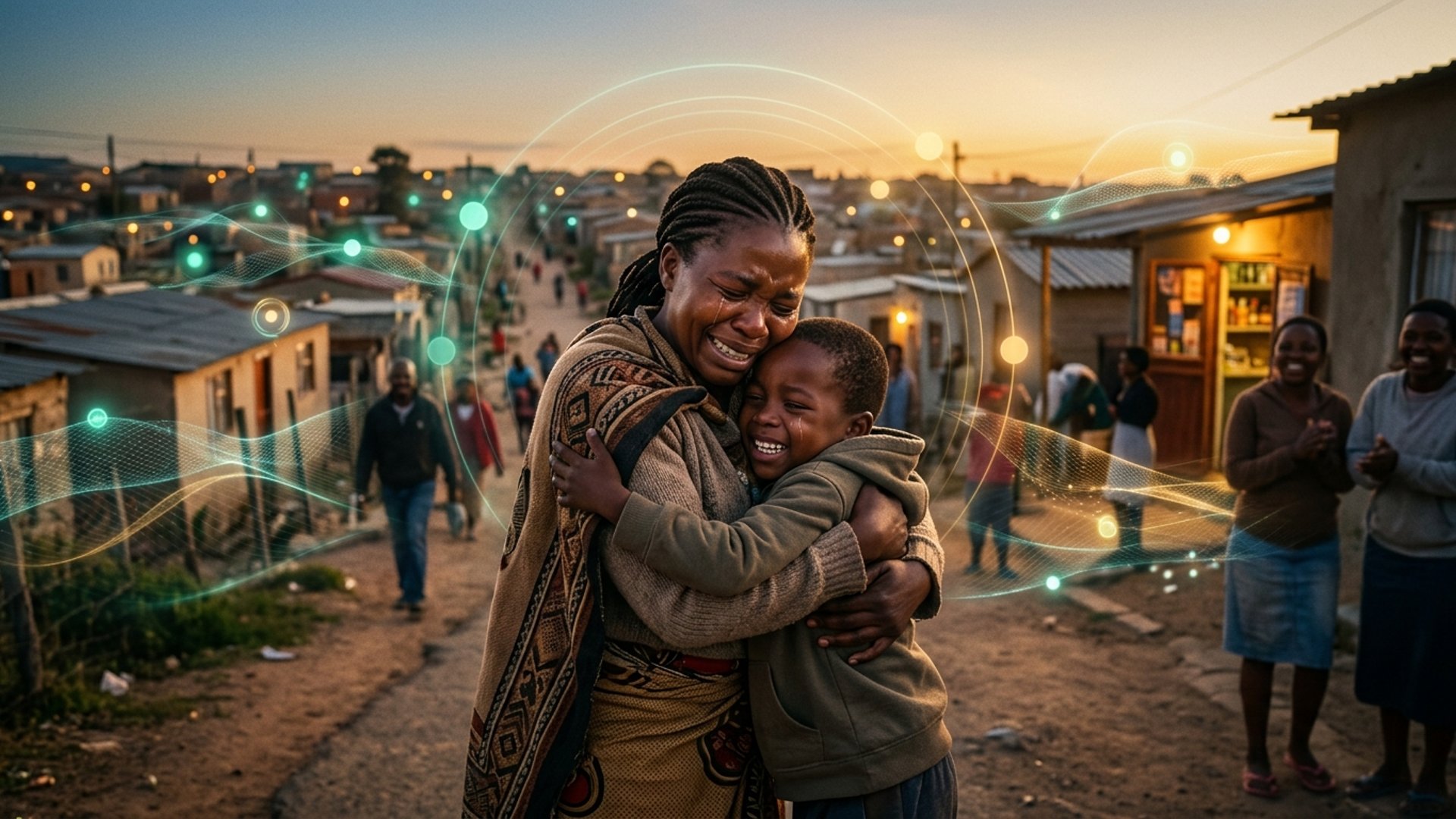 A South African mother crying tears of joy embracing her safe child at dusk